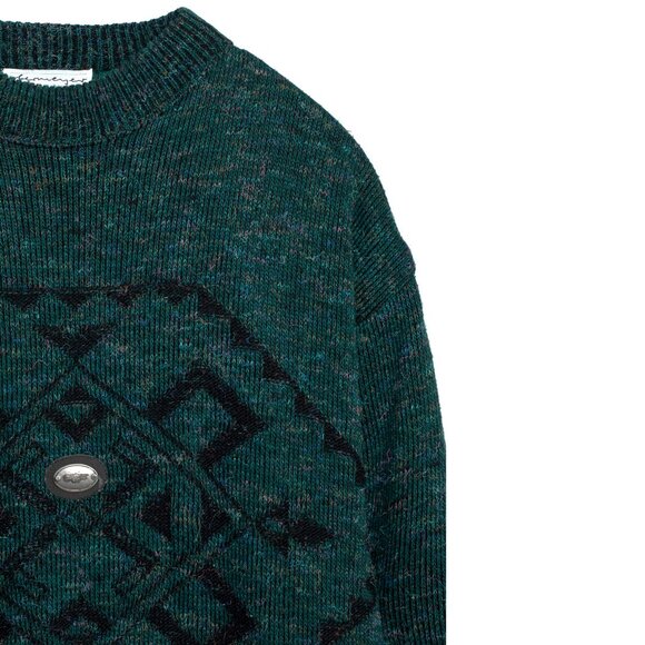 obermeyer (Germany) Intarsia Melange Wool 1x1 Rib Knit Studded Jumper Emerald - Picture 2 of 7
